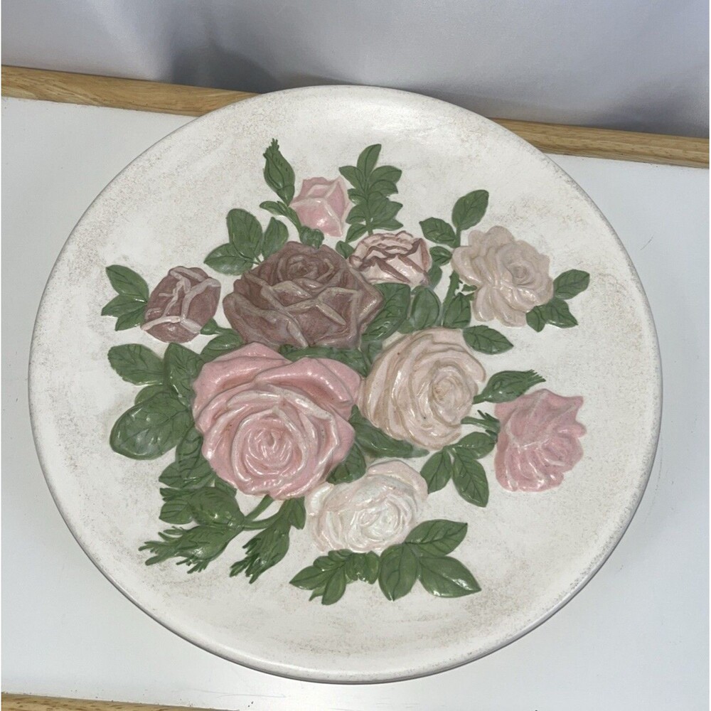 Vintage Pink Roses Ceramic Decorative Plate 12” Tall Unbranded Hand Painted